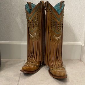 Corral Tan and Teal Fringe Heeled Boots